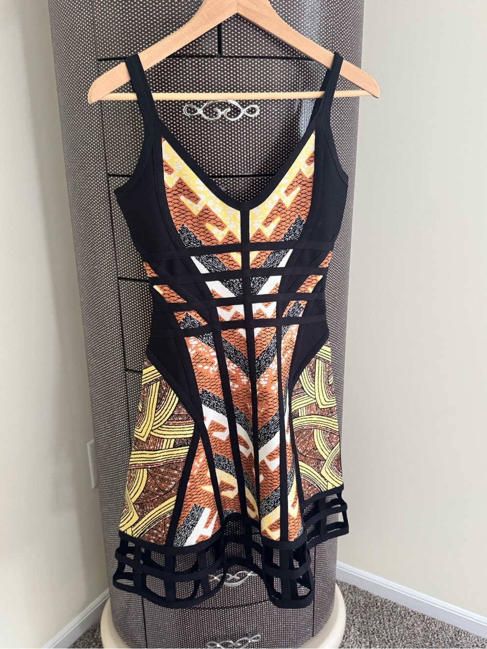 Herve Leger Black Mini Dress with Orange, Yellow and White Pattern